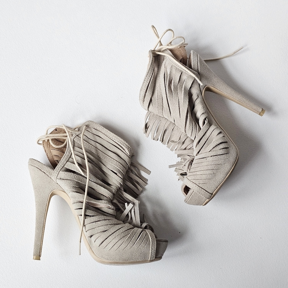 Colin Stuart Suede Fringe Lace-Up Heels Size 6B Peep Toe Stiletto Sandals